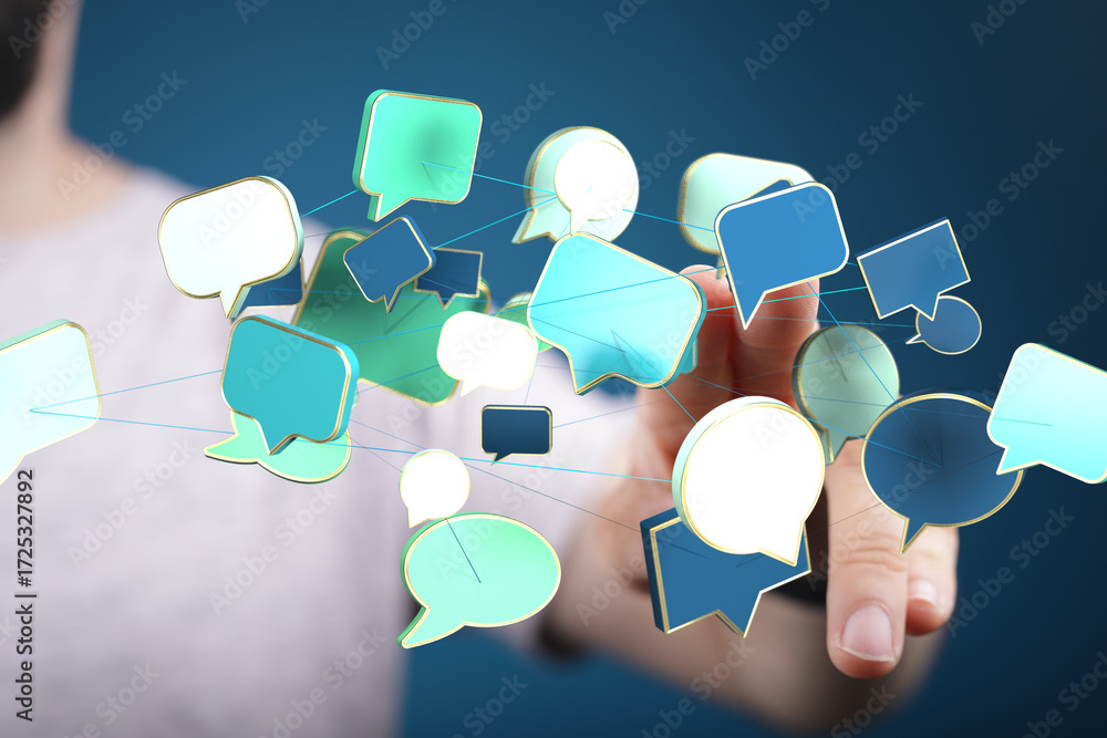 Poster abstract image of interconnected speech bubbles, symbolizing global communication and networking.