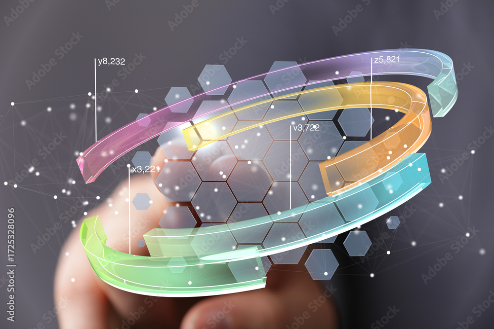 Poster stock photo of a hand interacting with a 3d data visualization showing business analytics and growth