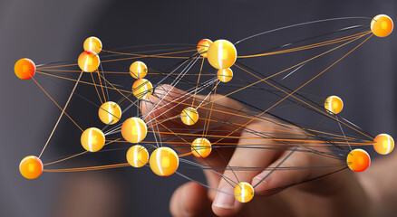 Hand interacting with a complex network of interconnected nodes.  Represents global connections, data flow, or social networks.
