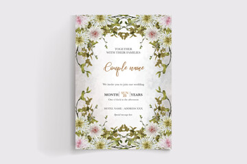 WEDDING INVITATION FRAME WITH FLOWER DECORATIONS AND FRESH LEAVES