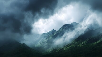 Obraz premium Dramatic mist shrouded green mountain ranges under a stormy cloudy sky with atmospheric lighting