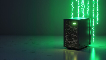 Server tower emitting light streaks in a green futuristic environment, for cybersecurity concepts