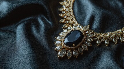 A lavish gold necklace, adorned with sparkling diamonds and a dark blue gemstone, rests on a dark fabric.
