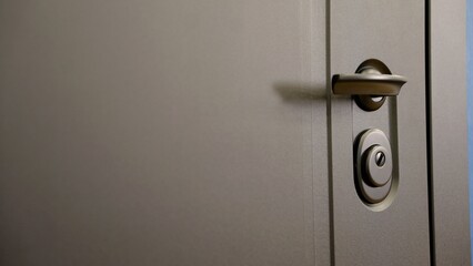 Obraz premium Door handle and security lock on a modern grey door, providing privacy and protection for home or office