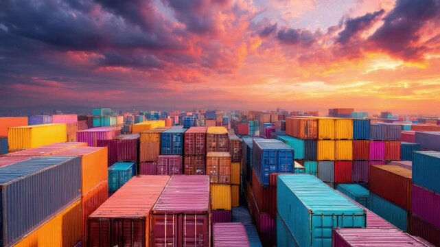 Global Trade Symphony: A vibrant vista of a vast cargo container yard bathed in the warm hues of a sunset, symbolizing the intricate dance of international trade and commerce.