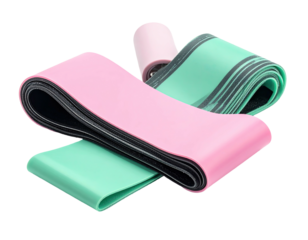 Three resistance bands in pastel colors, layered and overlapping