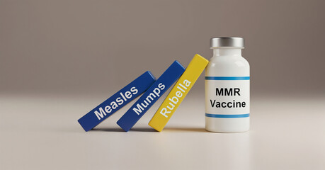 The MMR vaccine vial propping up domino blocks representing measles, mumps, and rubella, symbolizing prevention and support.