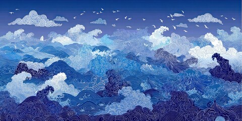 Decorative ocean waves and clouds in intricate blue line art