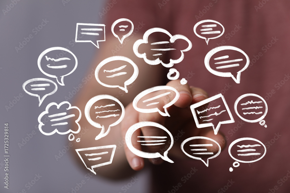 Poster abstract image of hand interacting with speech bubbles, representing communication and networking.