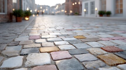 Colorful Stone Pavement Detail on European Street with Warm Lighting and Textured Bricks at Dusk