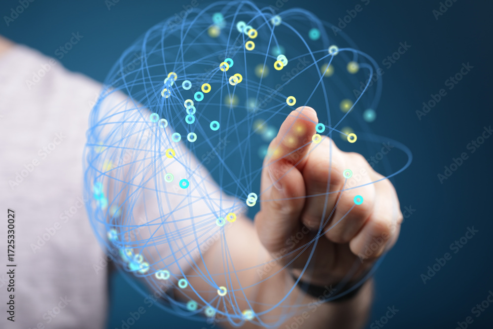 Poster abstract image of hand interacting with a digital network. perfect for technology, connection, and g