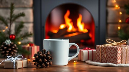 White ceramic mug mockup placed near fireplace with pinecones and wrapped gifts.