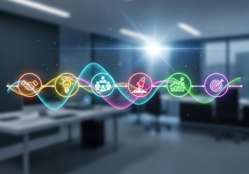 Futuristic blurred office: holographic timeline, wavy neon lines. - Powered by Adobe