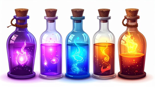 Magical Potions with Vibrant Colored Liquids and Glowing Essence in Antique Bottles