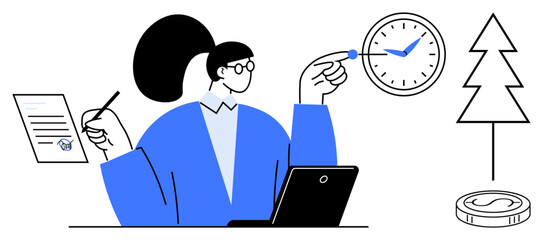 Woman multitasking with laptop, clock, report, pine tree, and coin representing productivity, time management, eco-consciousness, and financial growth. Ideal for office balance ecology economy