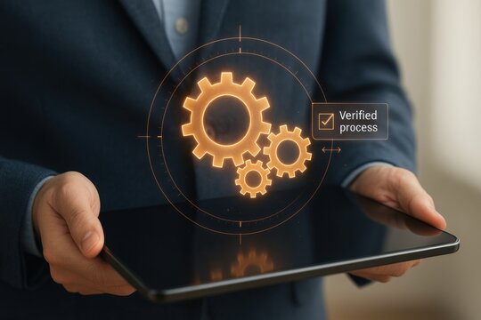 Businessman holding tablet with holographic verified process gears system quality assurance interface
 - Powered by Adobe