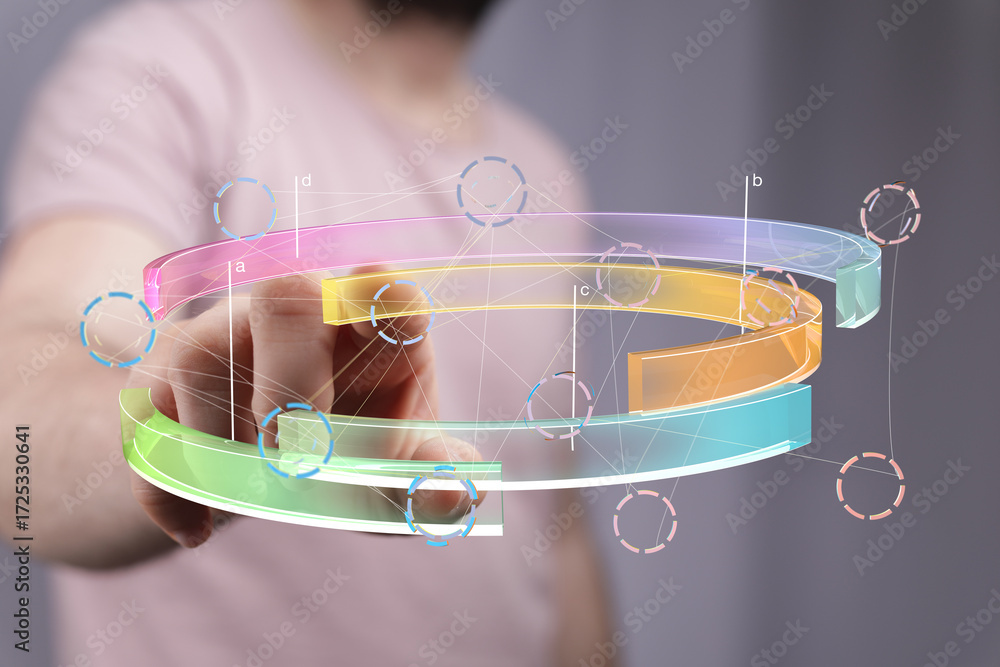 Poster person interacting with a 3d holographic data visualization interface. modern technology concept.