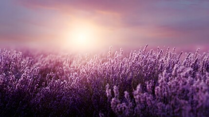 A vibrant field of lavender flowers bathed in the warm glow of a serene sunrise creating a picturesque natural landscape