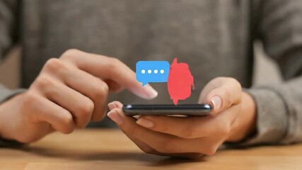 Closeup of hands using a smartphone, sending messages and liking content, representing digital communication and social media interaction - Powered by Adobe