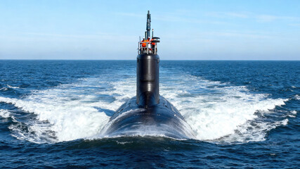 Sous-marin militaire naviguant en surface dans les eaux bleues