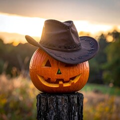 Pumpkin with Cowboy Hat at Sunset