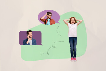 Image poster trend collage of happy small kid girl parent dad mother woman man bubble communication chatterbox speech tell