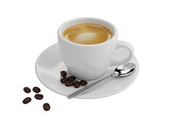 Obraz premium transparent coffee cup with dark espresso and frothy crema on matching saucer, silver spoon, roasted beans, 45-degree view, high-key transparent studio. Concept of premium coffee presentation