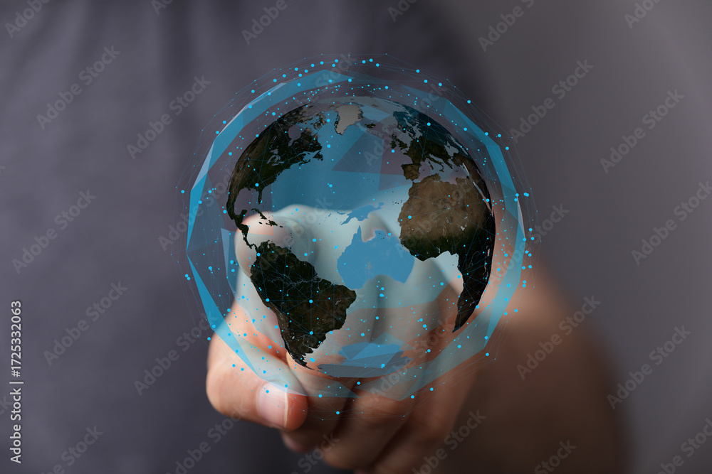 Poster hand interacting with a digital globe, representing global connection and technology. perfect for we