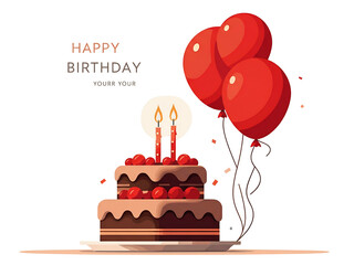 A festive birthday cake with lit candles and red balloons, celebrating a special occasion.