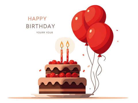 A festive birthday cake with lit candles and red balloons, celebrating a special occasion. - Powered by Adobe