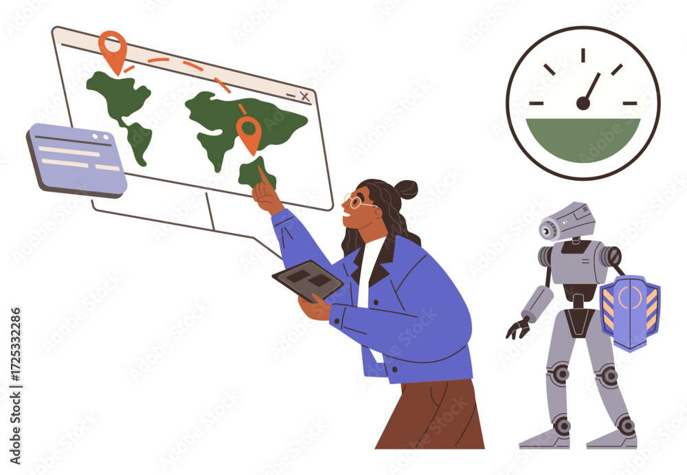 Poster person interacting with a global map and data, robot holding a shield, and a progress speed meter. i