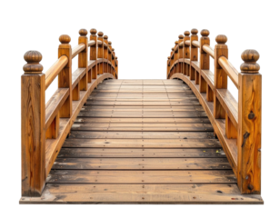 Wooden arch bridge,  brown planks,  elegant design,  classic Asian style,  symmetrical structure