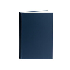 Studio shot of a closed book in the dark blue cover and blank pages against the white background with copy space. Ideal for book cover design