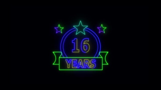 16 Years Anniversary Celebration Neon Sign with Stars and Glowing Banner Highlighting Milestone Achievement and Success.