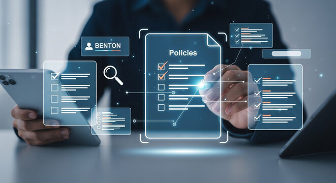 Businessman reviewing policies and procedures documents on virtual screen for compliance approval process concept