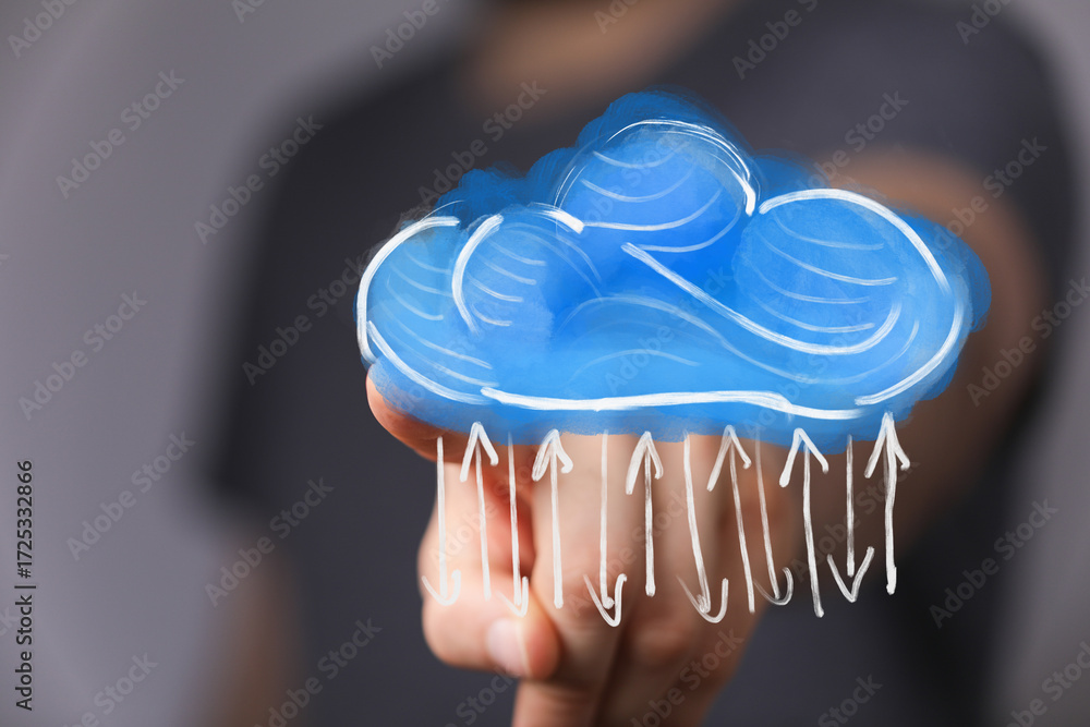 Poster hand pointing at a cloud with arrows, symbolizing data transfer and cloud storage.