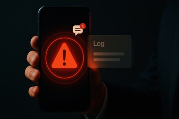 Smartphone displaying holographic red warning alert triangle with error log and system notification
