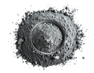 Gray powder spills from a bowl, creating a circular pattern