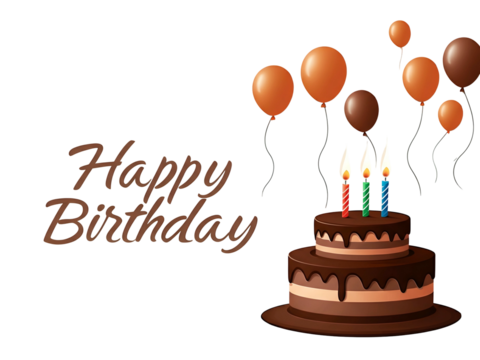 A birthday cake with candles and balloons, celebrating a special occasion with festive decorations.