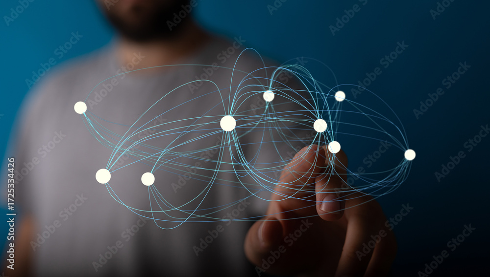 Poster abstract image of a hand interacting with a digital network. perfect for technology, connection, and