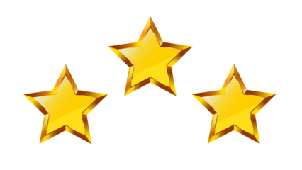 Three golden stars shimmer against a black background, evoking themes of success and