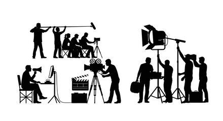 A comprehensive collection of silhouette illustrations depicting various roles and essential equipment involved in professional film and video production.