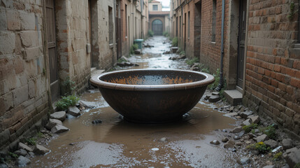 A large basin sits in the middle of a muddy narrow alleyway