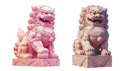 Stone guardian lion statues in traditional Asian style. Double set  