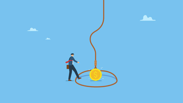 Greed businessman try to step into tricky rope trap to get money banknotes bundle. Money trap to trick greed people, danger fraud or threat to attack victim, financial or investment problem.