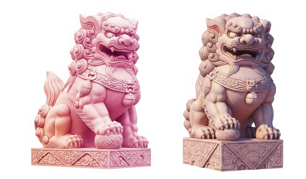 Stone guardian lion statues in traditional Asian style. Double set  