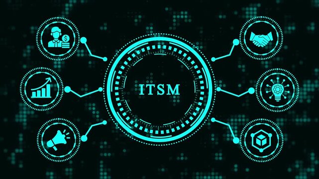 Itsm concept the word itsm in the center and icons of business processes around itsm is the activities performed by an organization to design, plan, deliver, operate