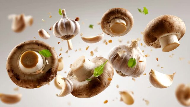 Fresh mushrooms and garlic float in mid-air, showcasing their vibrant colors and textures. This creative arrangement emphasizes the beauty of natural ingredients used in cooking
