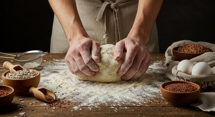 Hands kneading fresh bread dough on a rustic wooden table with baking ingredients