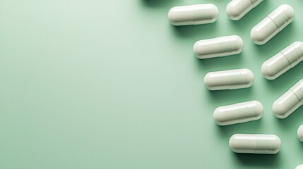White Capsules Arranged on Soft Green Surface for Medical Concept